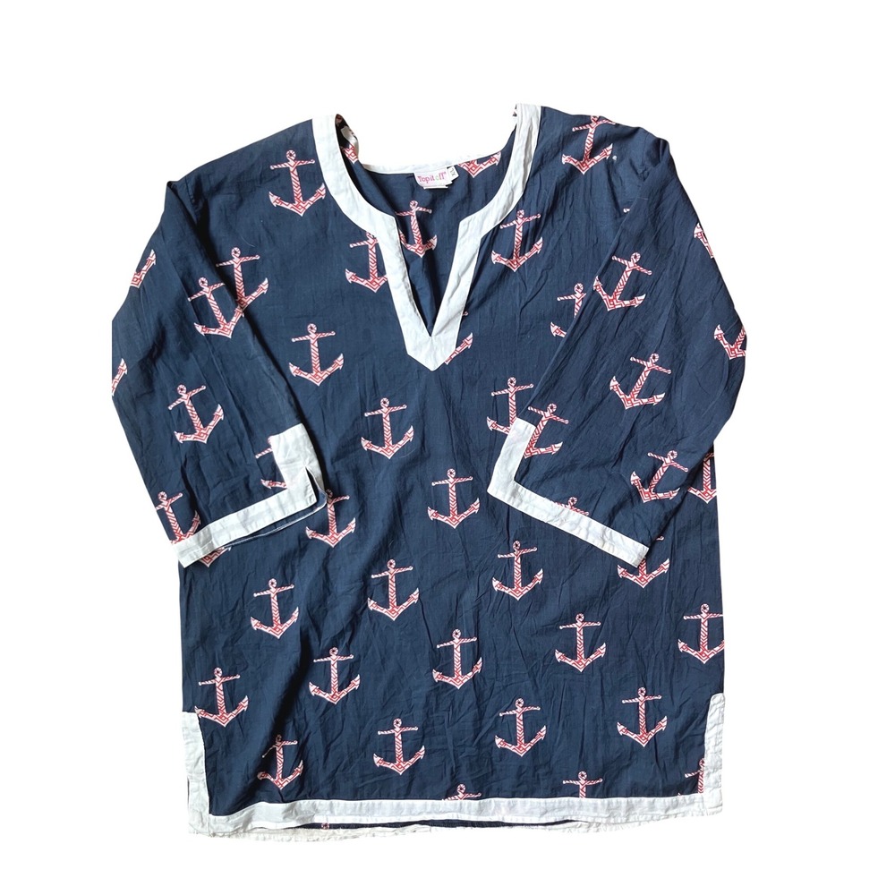 Womens XL Navy Blue Anchor Print 100% Cotton Swim Beach Coverup
Nautical